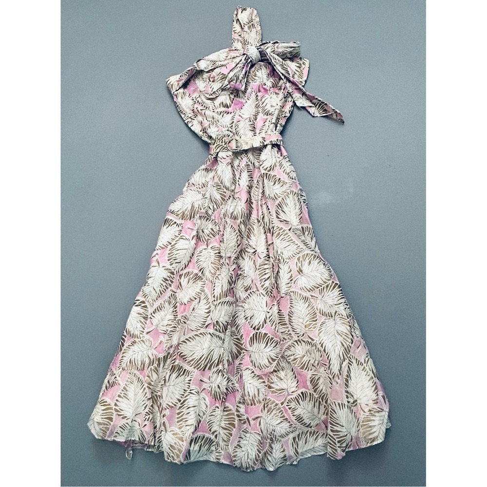 True Vintage 1950's Sleeveless One Shoulder Pink Leaf-Print Maxi Dress w/‎ Belt